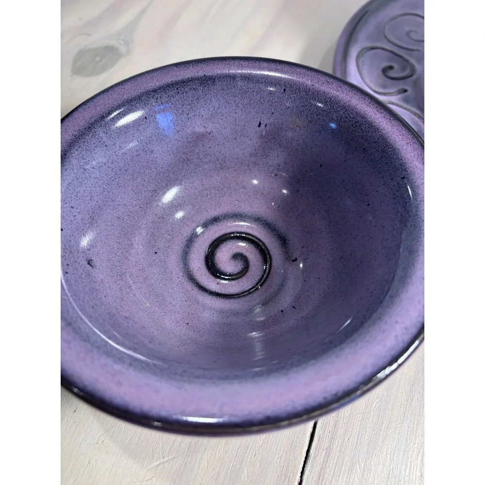 Bostwick 2016 Studio Pottery Purple Swirl 3-Piece Chip Dip Set Artisan Ceramic